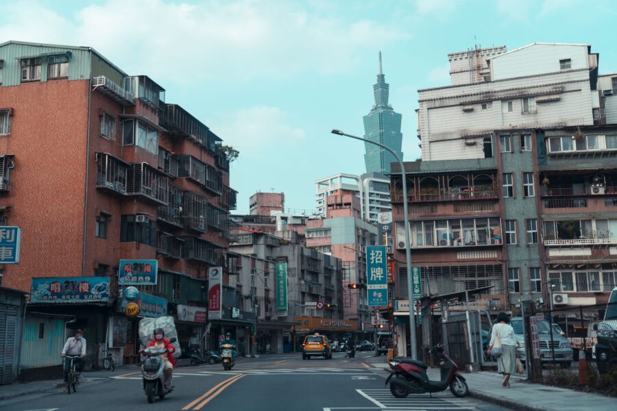A Street in Taipei, Taiwan with the View of the Taipei 101 Skyscraper 