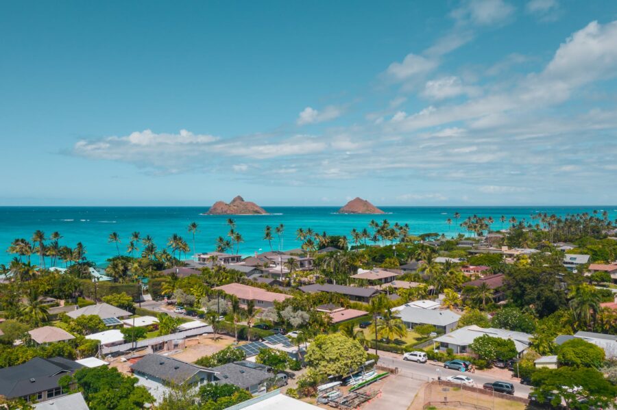 Aerial View of Houses Near Body of Water