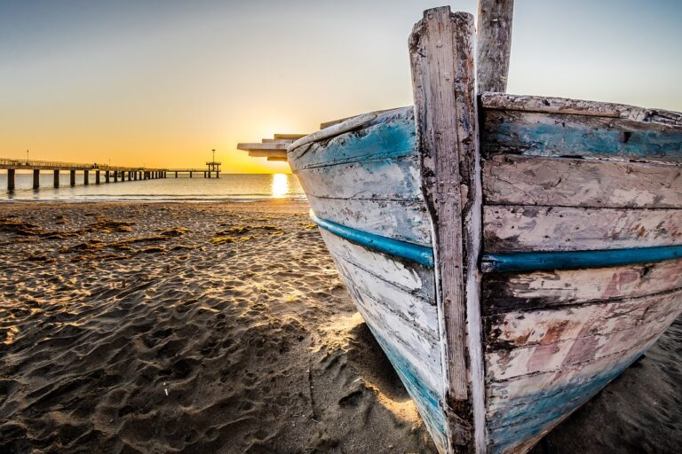 old wooden boat at sunrise, wooden boat, fishing boat