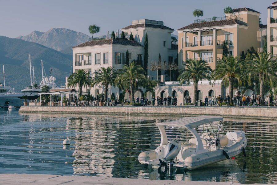Modern Buildings and Yachts on the Coast of the Bay Porto Montenegro