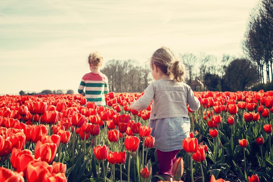 girls, children, tulips
