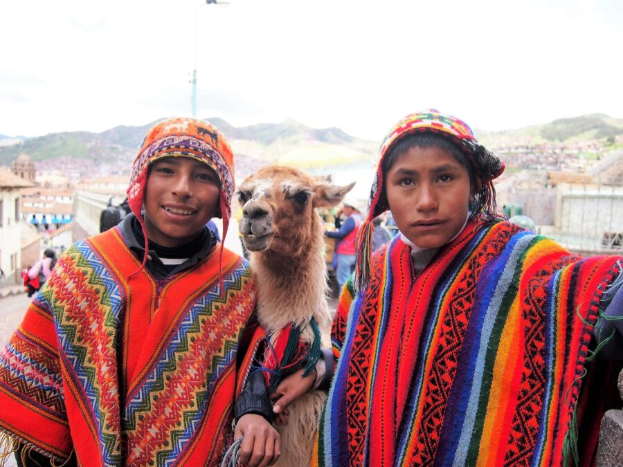woman in orange and blue dress with brown and white long coated dog