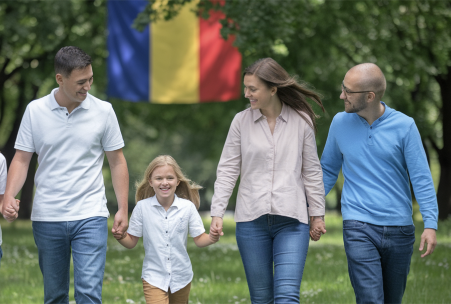 family with romanian flag in the back