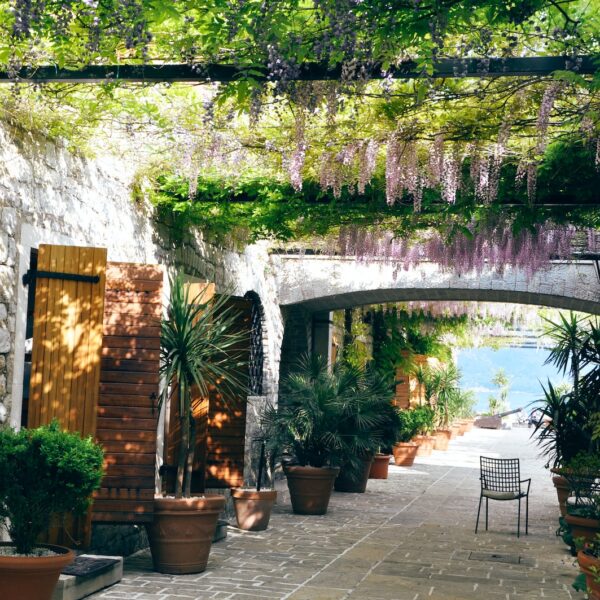 empty gray armchair on pathway