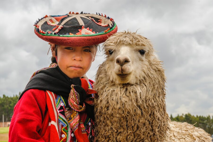 a woman in a sombrero standing next to a llama