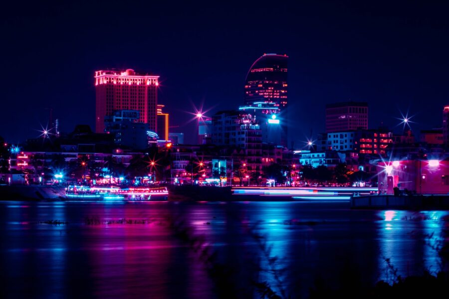 city skyline during night time