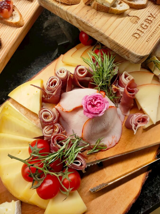 a cutting board with food on it