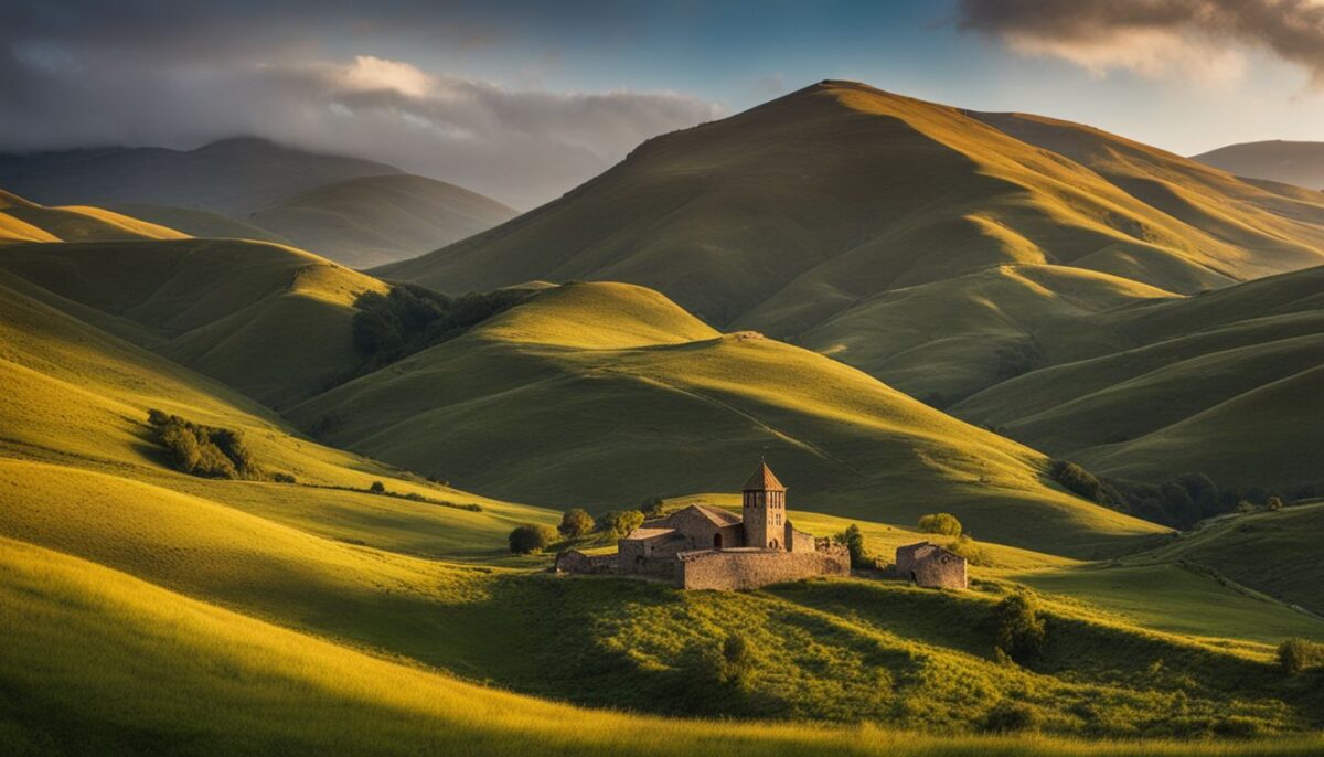 A scenic traditional Armenian landscape with historic architecture and rolling hills.