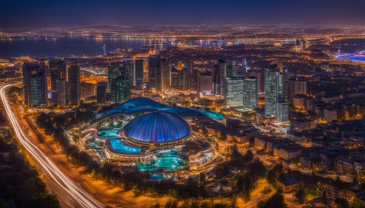 A photo of the vibrant cityscape of Baku at night.