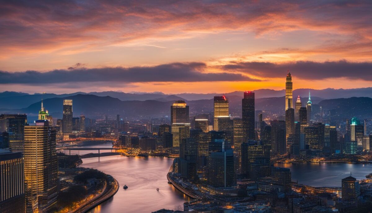 A modern digital wallet and multi-currency debit cards against a cityscape.