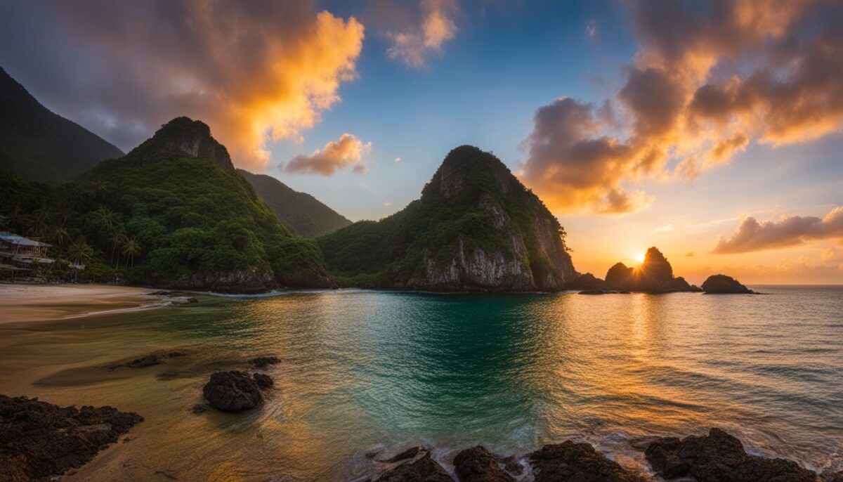A stunning sunset over a secluded island bay in high definition.