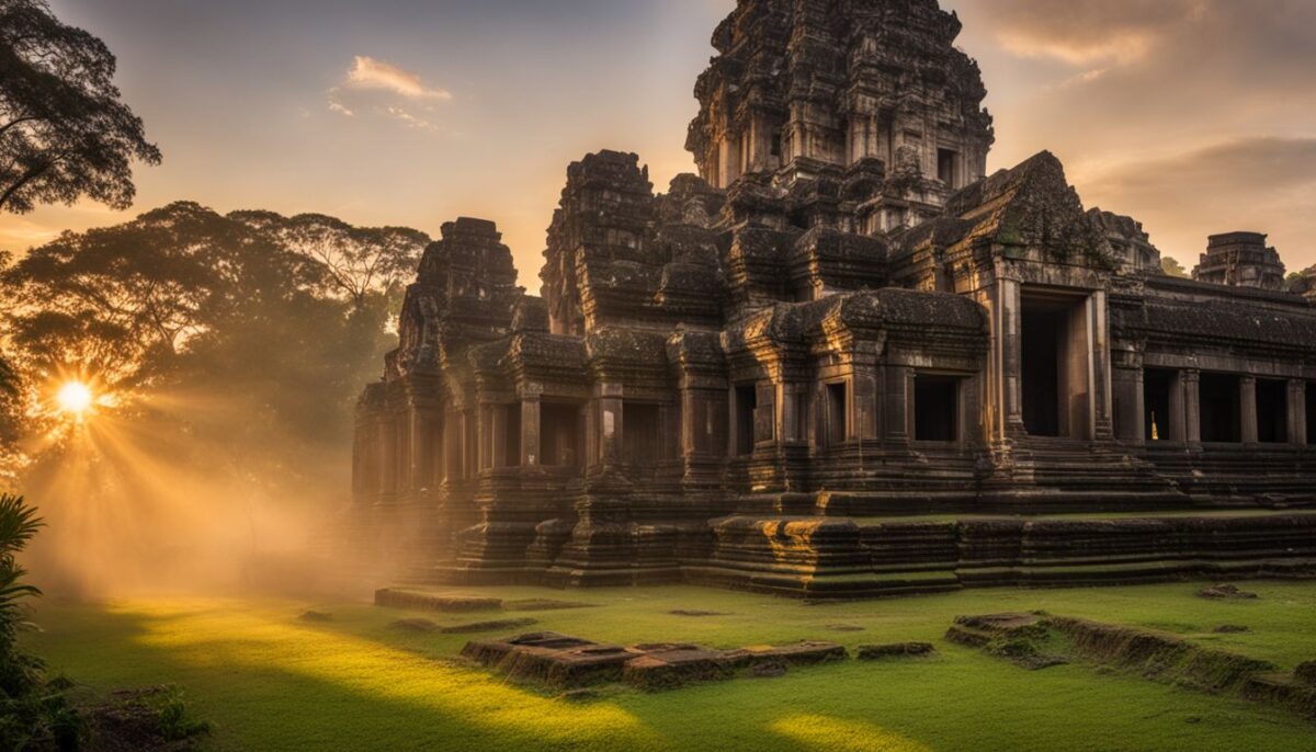 A stunning sunrise view of the Angkor Wat temple surrounded by lush greenery.