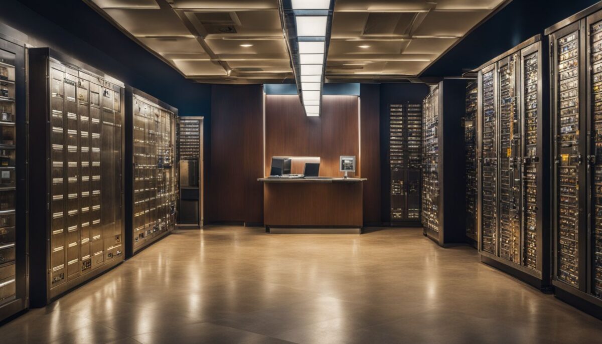 An empty bank vault with rows of deposit boxes.