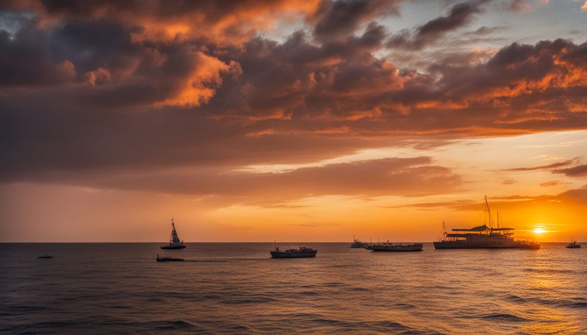 A stunning sunset over a tranquil offshore paradise in wide-angle view. A stunning sunset over a tranquil offshore paradise in wide-angle view.