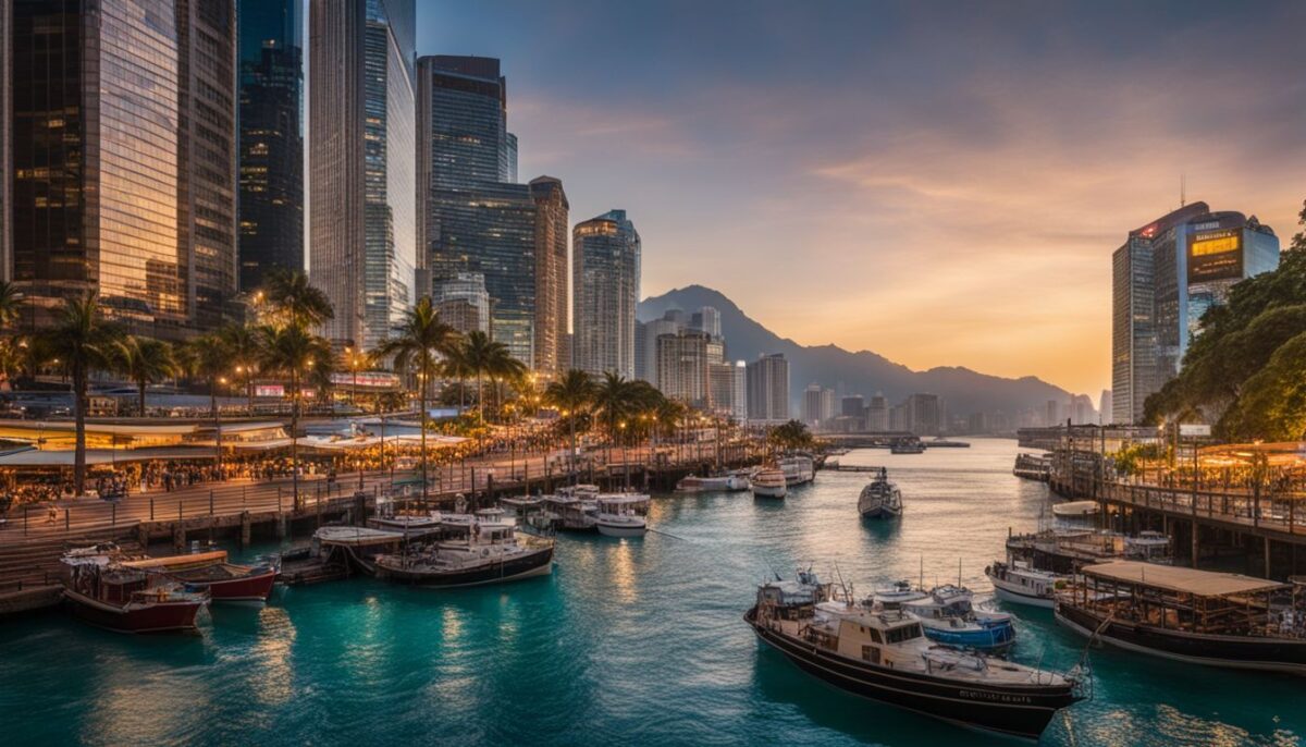 A diverse offshore financial center with a bustling, cityscape atmosphere.