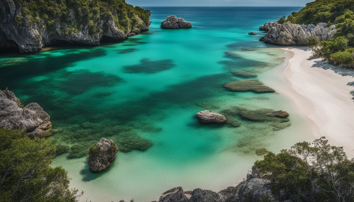 A deserted white sandy beach with crystal-clear turquoise waters.