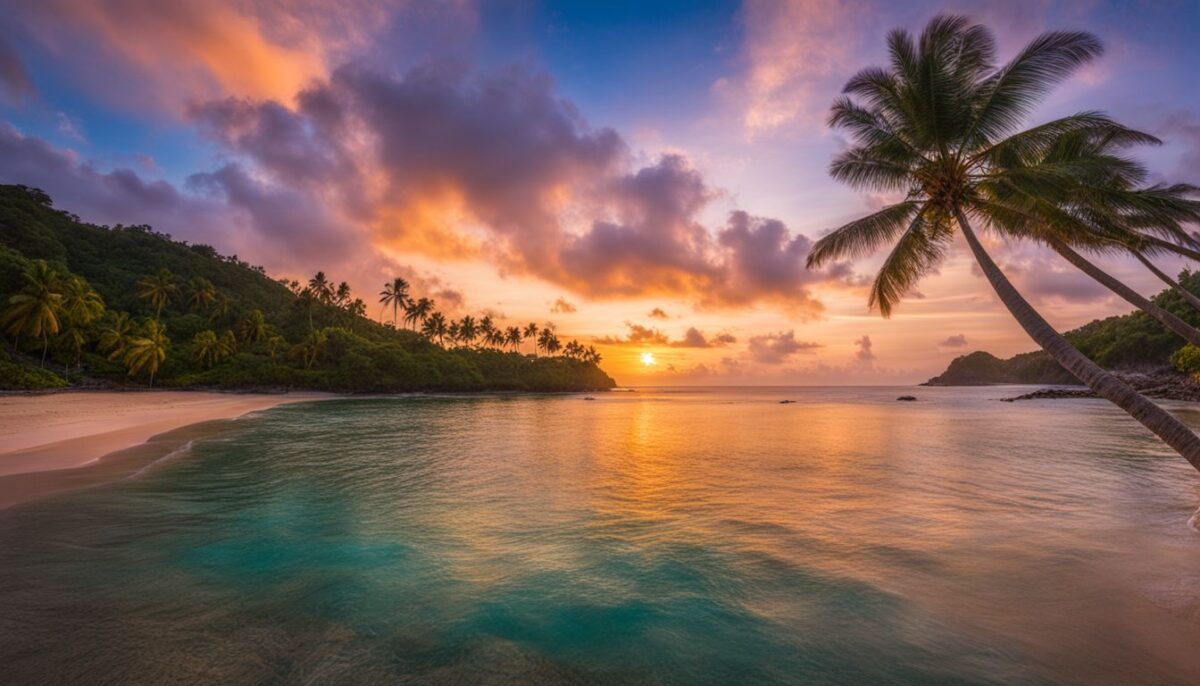 A tropical island with a vibrant sunset, bustling atmosphere, and clear waters.