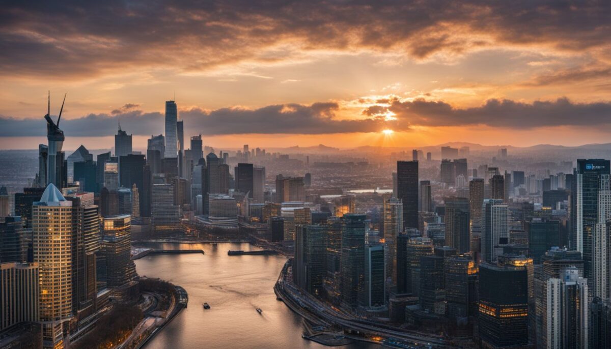 A digital city skyline with payment logos and bustling atmosphere.