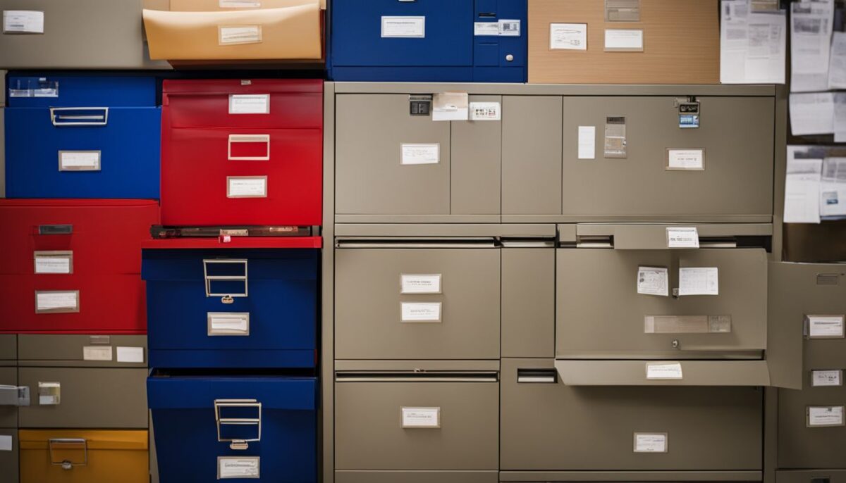 A well-organized filing cabinet with global tax documents and cityscape photography.