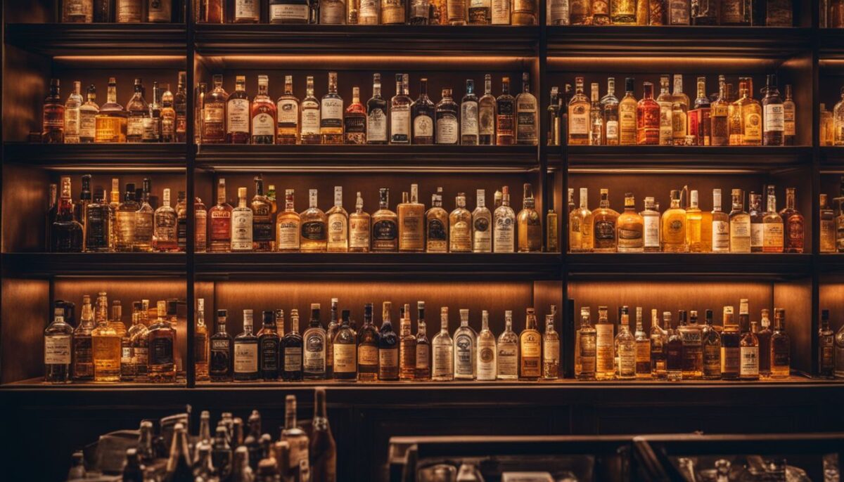 A display of expensive liquor and tobacco products in a city store.