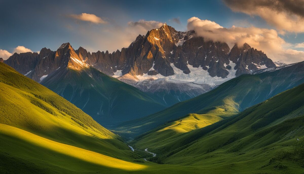 A stunning sunset view of the majestic Caucasus Mountains.