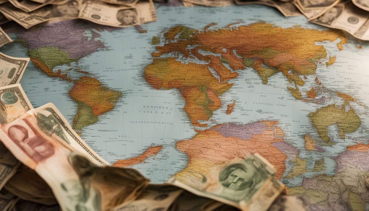 A pile of international currency on a world map.