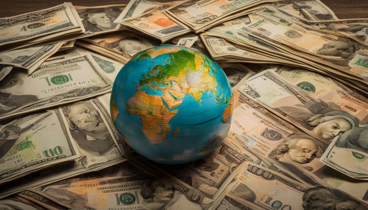 A stack of international currency banknotes with a globe and cityscape.