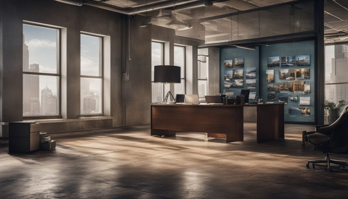 An abandoned office building with For Sale signs in a city.