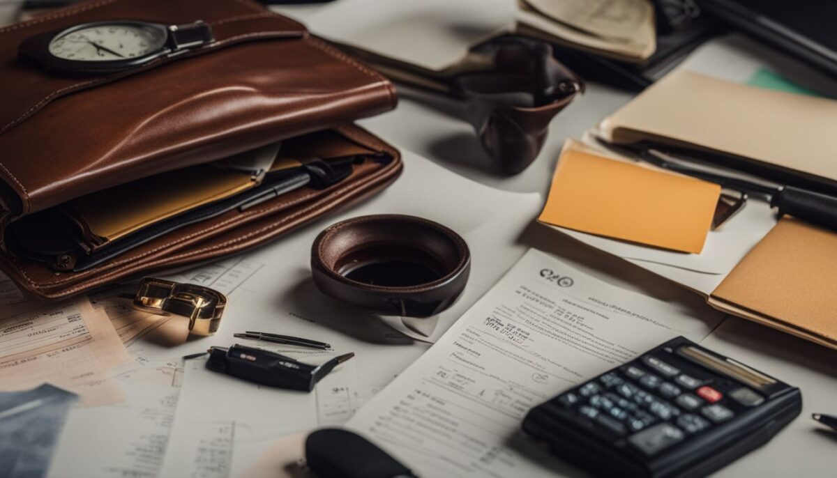An empty wallet surrounded by tax documents in a busy office environment.