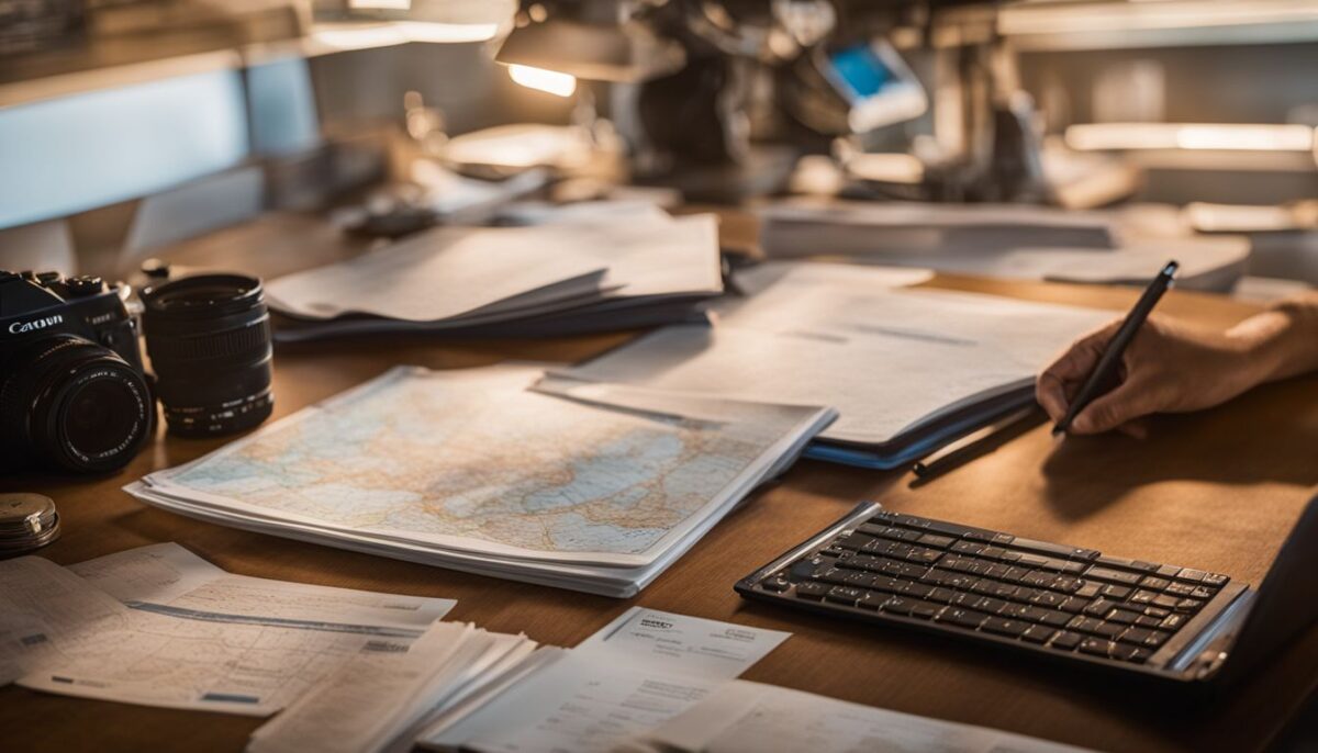Offshore corporation's documents arranged on a desk with a world map.