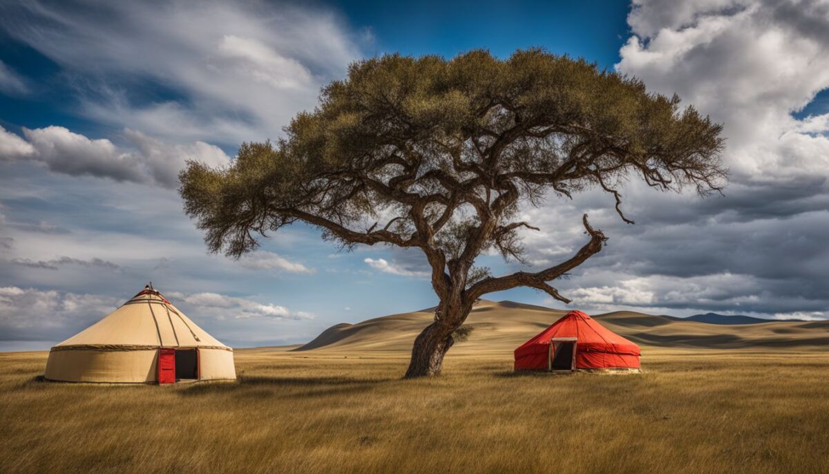 A scenic view of traditional Mongolian yurts on a vast steppe.