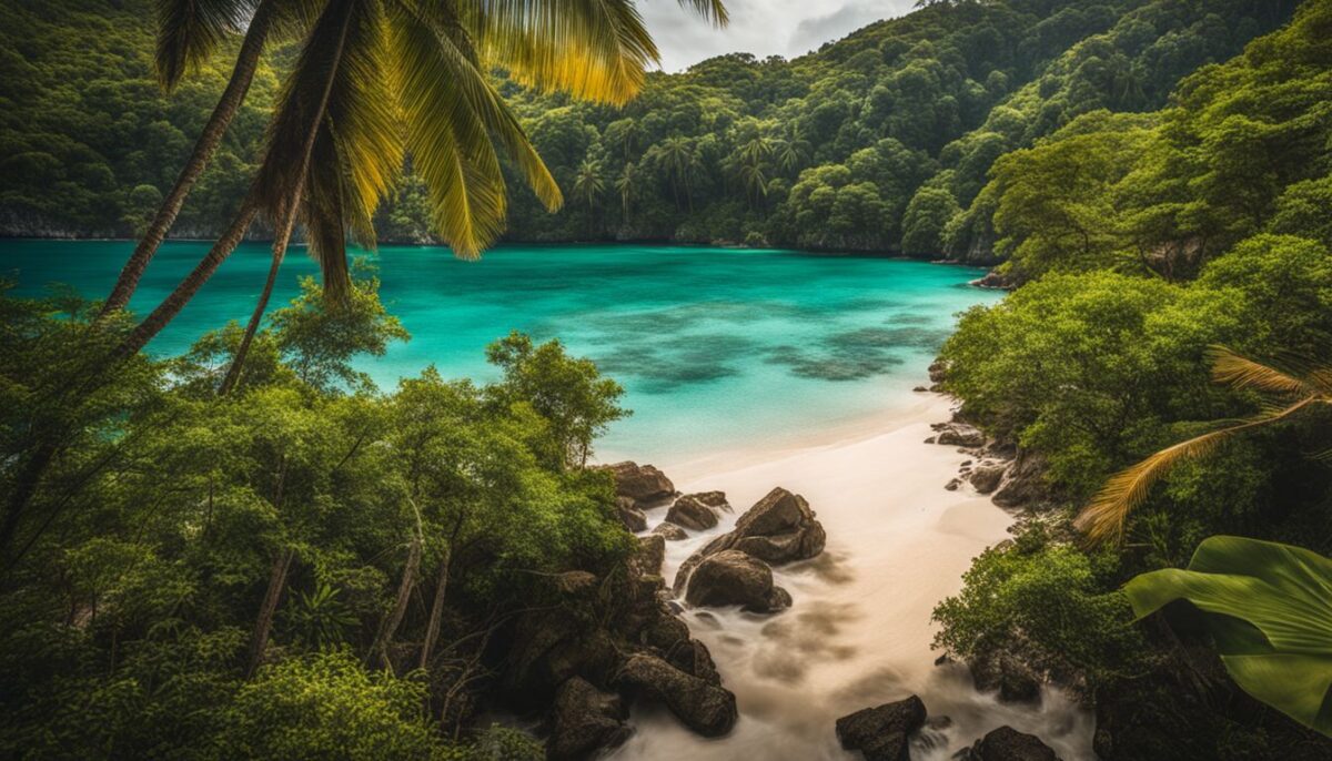A picturesque tropical island with palm trees and clear waters.