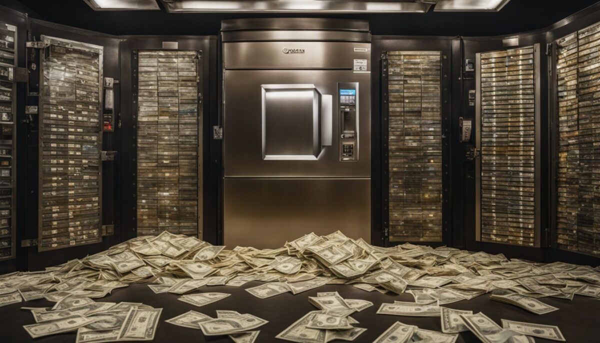 A bank vault filled with cash and assets surrounded by financial instability.