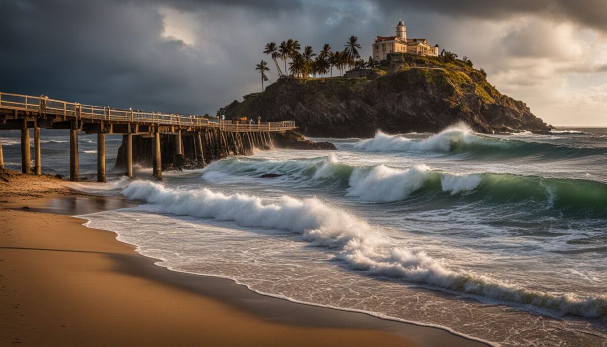 A stormy ocean with a deserted offshore bank building.