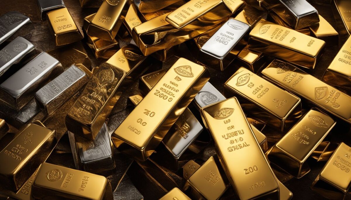 A diverse selection of gleaming precious metal bars in a secure vault.