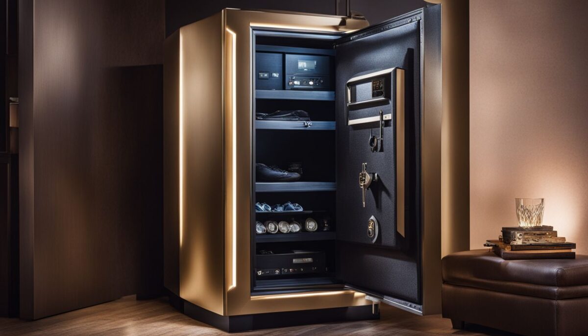 An open safe in a luxurious home with a cityscape view.