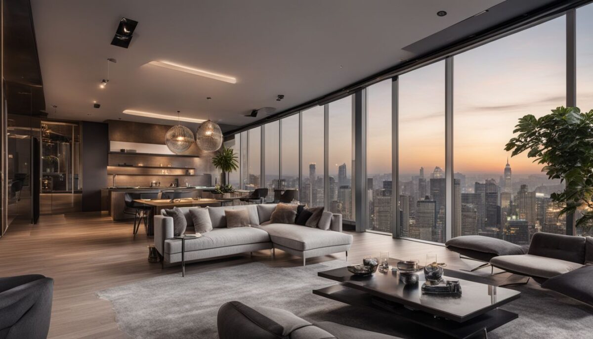 A luxury condominium in a modern urban cityscape.