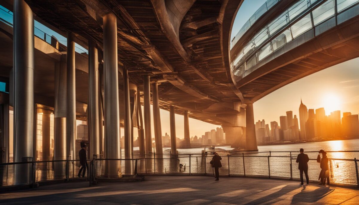 A bustling and prosperous financial district skyline at sunset. A bustling and prosperous financial district skyline at sunset.