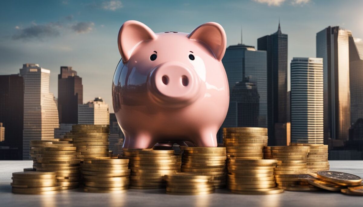 A piggy bank surrounded by money with a cityscape in the background.