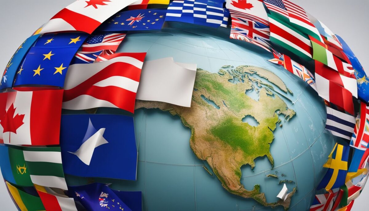 An offshore company emblem surrounded by international flags on a globe.