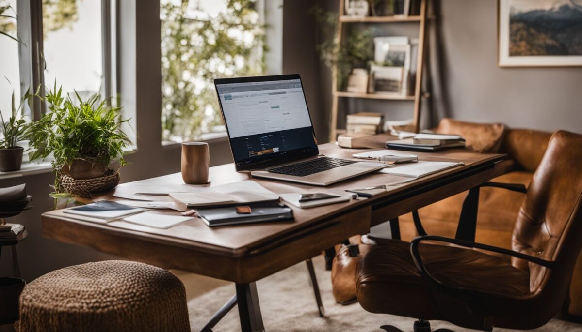 A tidy home office desk with financial documents and a laptop.