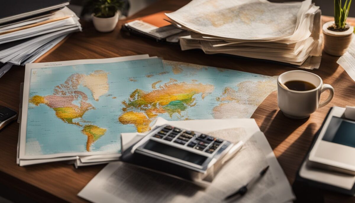 Financial documents and account statements on a desk with a world map.