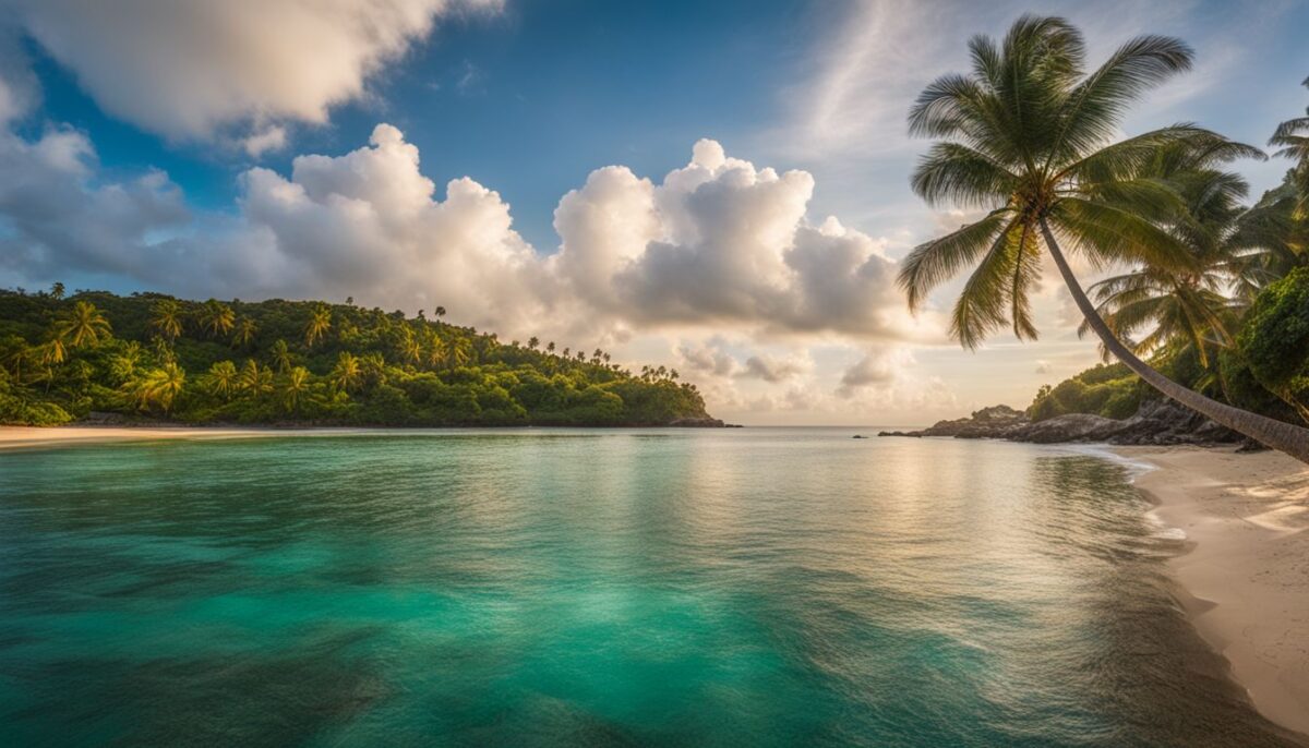 A tropical island with offshore financial structures and bustling atmosphere.