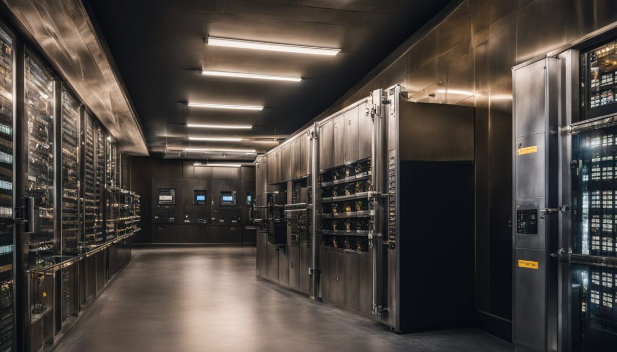 A secure bank vault in a serene countryside setting.