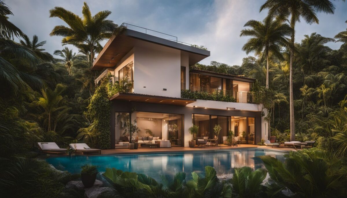 A secluded tropical villa surrounded by lush greenery with legal residency permits.