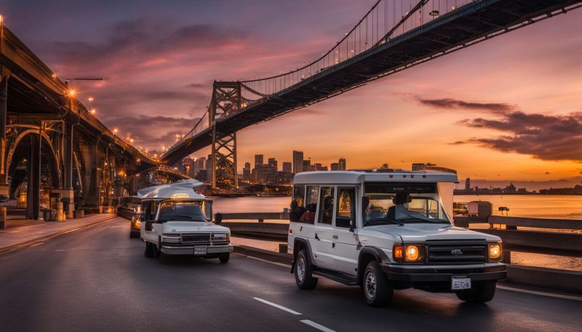 A toll booth on a busy bridge at sunset.