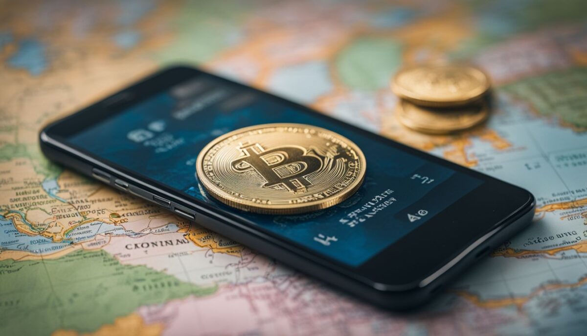 A smartphone with global currency symbols in front of a world map.