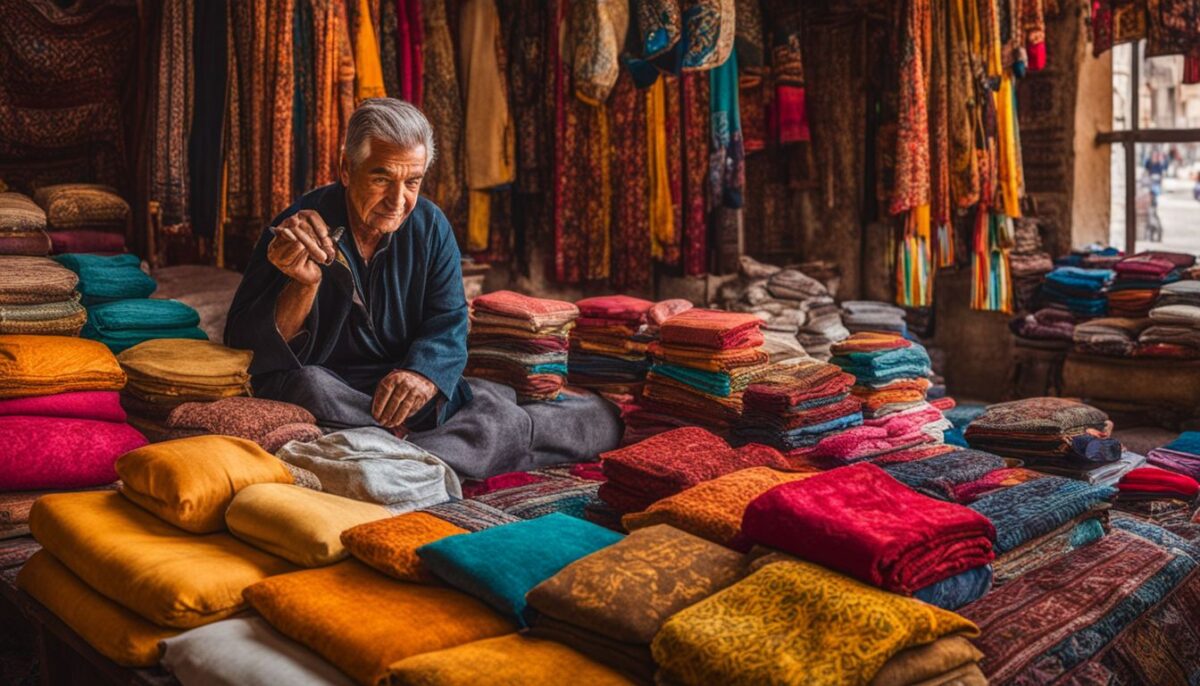 A vibrant bazaar in Uzbekistan with colorful textiles and traditional ceramics.
