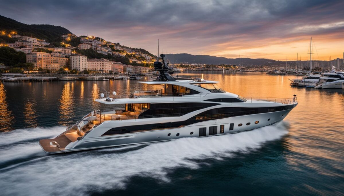 A luxurious yacht in a scenic harbor with bustling atmosphere.