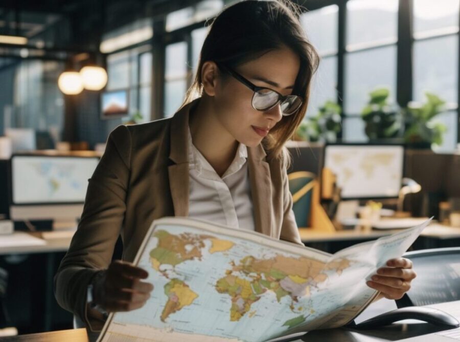 a businesswoman reviewing global maps in a bustling office environment s